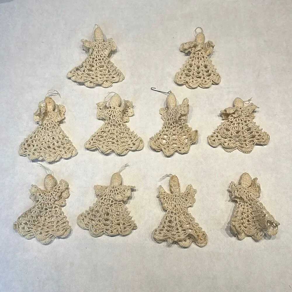 Vtg Angel Ornament Starched Crochet Cream Beige Off White Set Lot 10 Crocheted